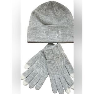 True Religion Gray Knit Beanie and matching gloves